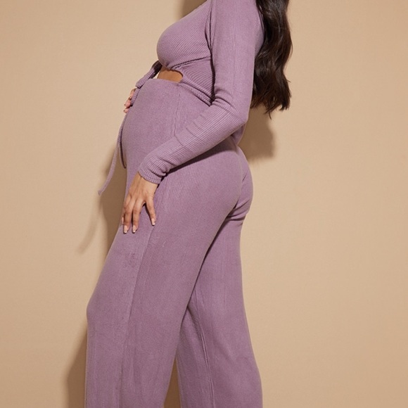Lilac Brushed Rib Cut Out Polo Wide Leg Jumpsuit - Picture 2 of 4